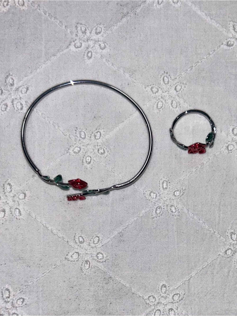 Silver Floral Red Rose Bracelet and Ring Set